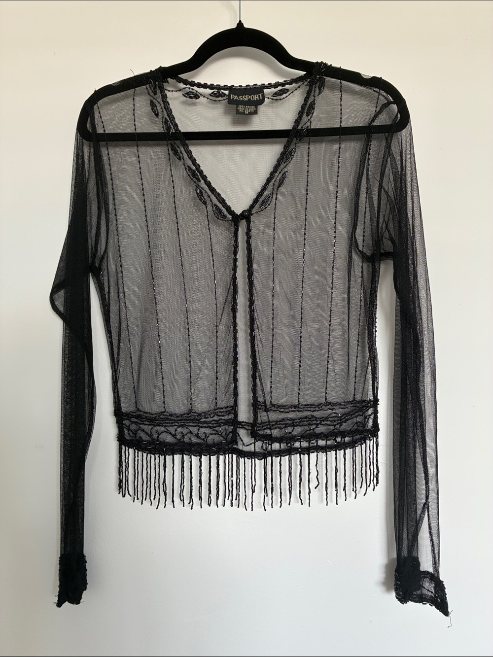Passport Vintage Black Sheer Fringe Mesh Top Beaded